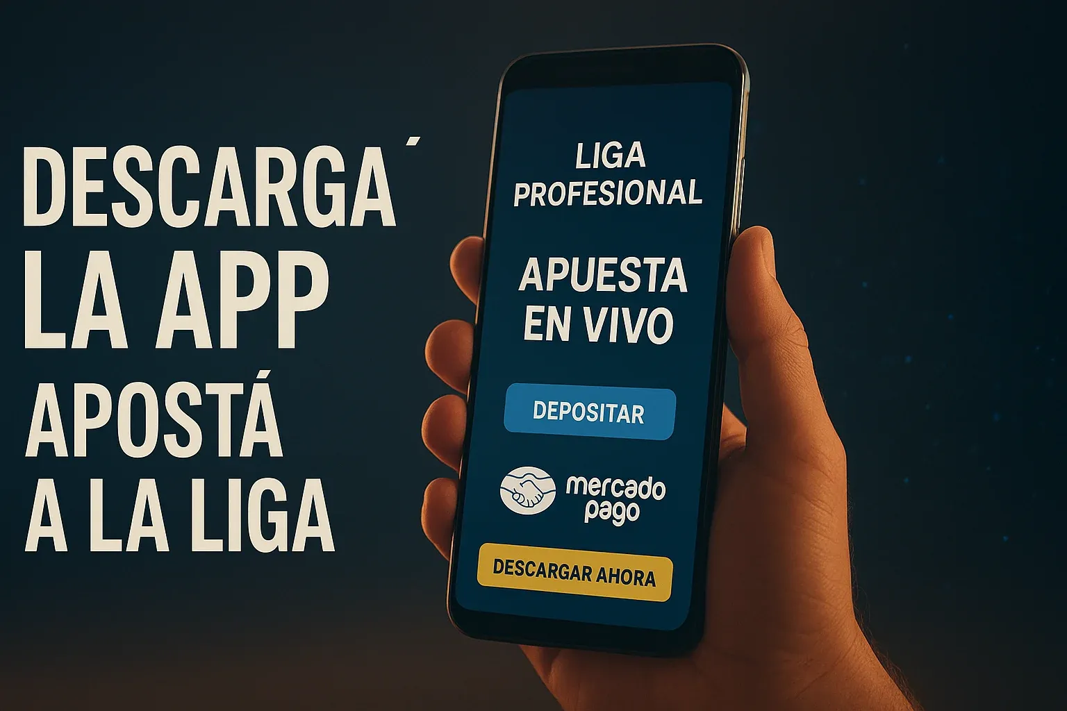 Banner de apuestas con celular Android y botón Descargar Ahora