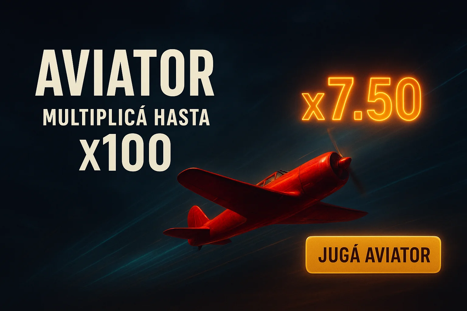 Banner Aviator con avión rojo y multiplicador x7.50, CTA dorado