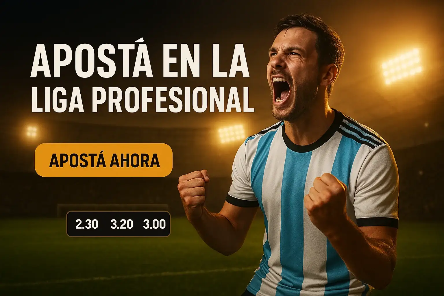 Banner de apuestas con hincha argentino celebrando y botón Apostá Ahora
