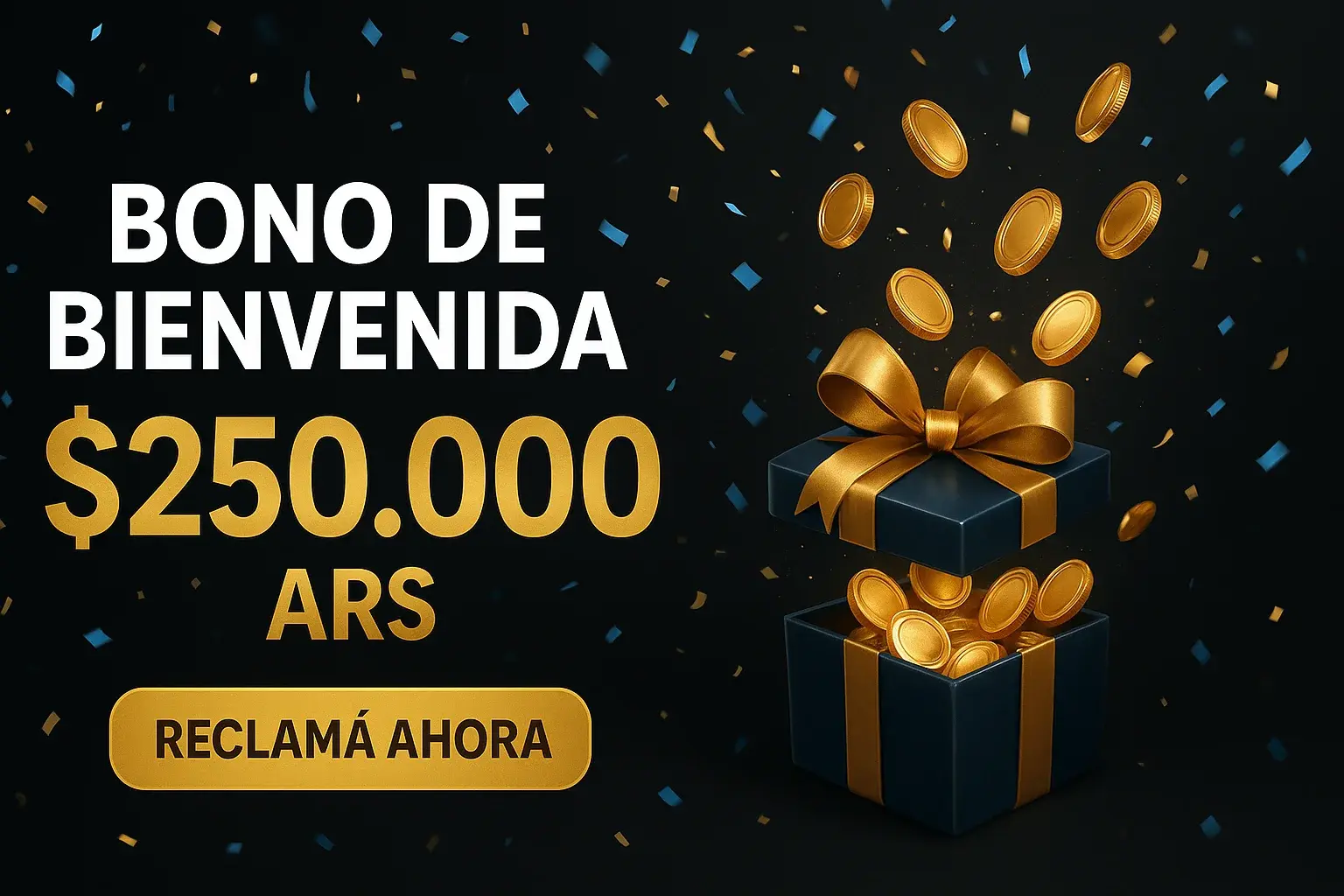 Banner de casino con bono de bienvenida $250.000 ARS y botón Reclamá Ahora